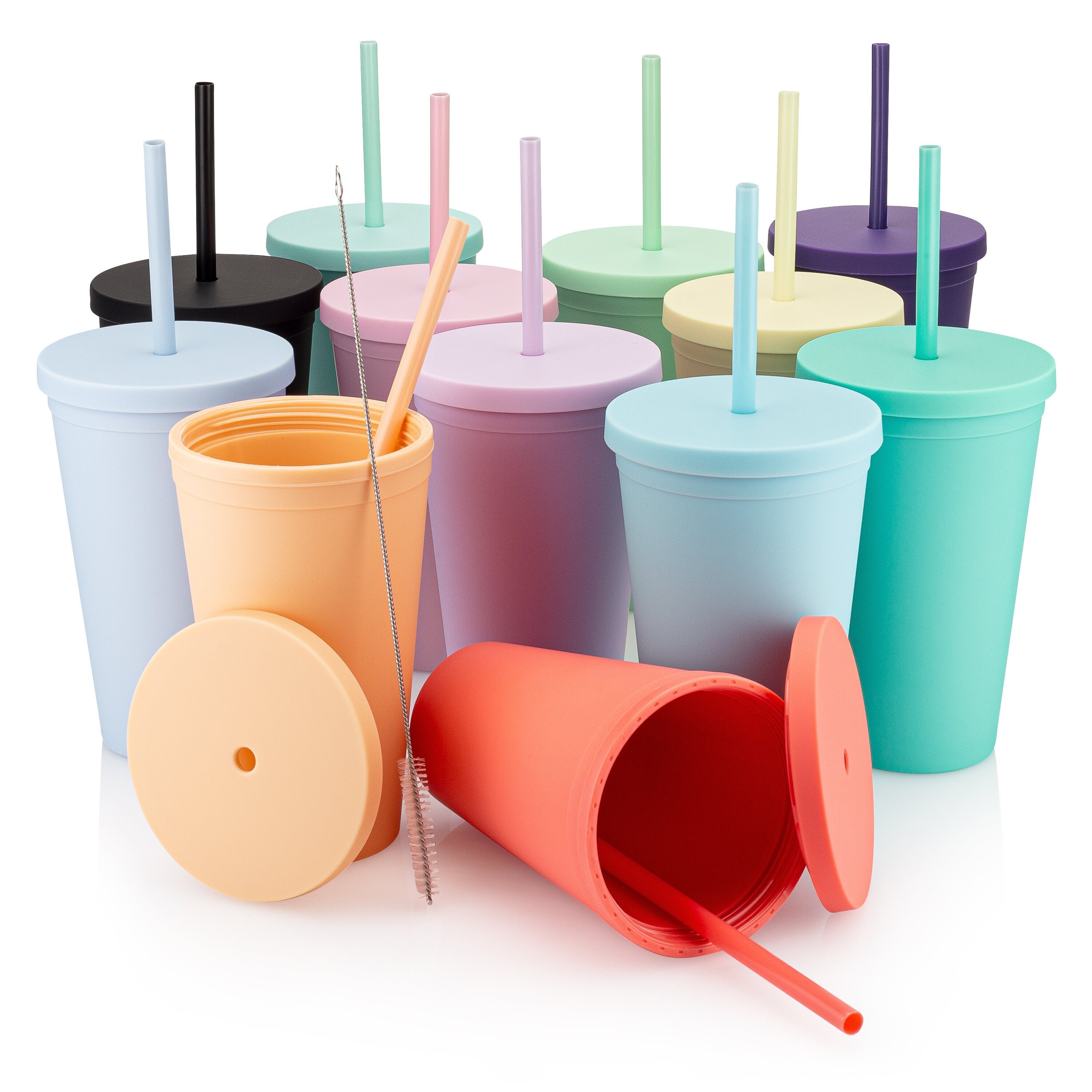 Wholesale Blank Tumblers 12 Pack 16oz Colored Pastel Acrylic Matte Plastic  Cold Cups in Bulk With Lids and Straws W/ Cleaning Brush 