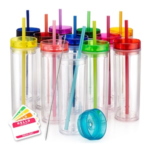 12 Pack Blank Skinny Tumblers, Wholesale 16oz Acrylic Tumbler Cups with Colored Lids