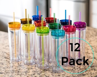 Clear Acrylic SKINNY TUMBLERS 12 Pack 16oz Bulk Tumbler Blanks DIY Wholesale,  Wedding / Party Favor, Teacher Gift, Vinyl Decal Cups 
