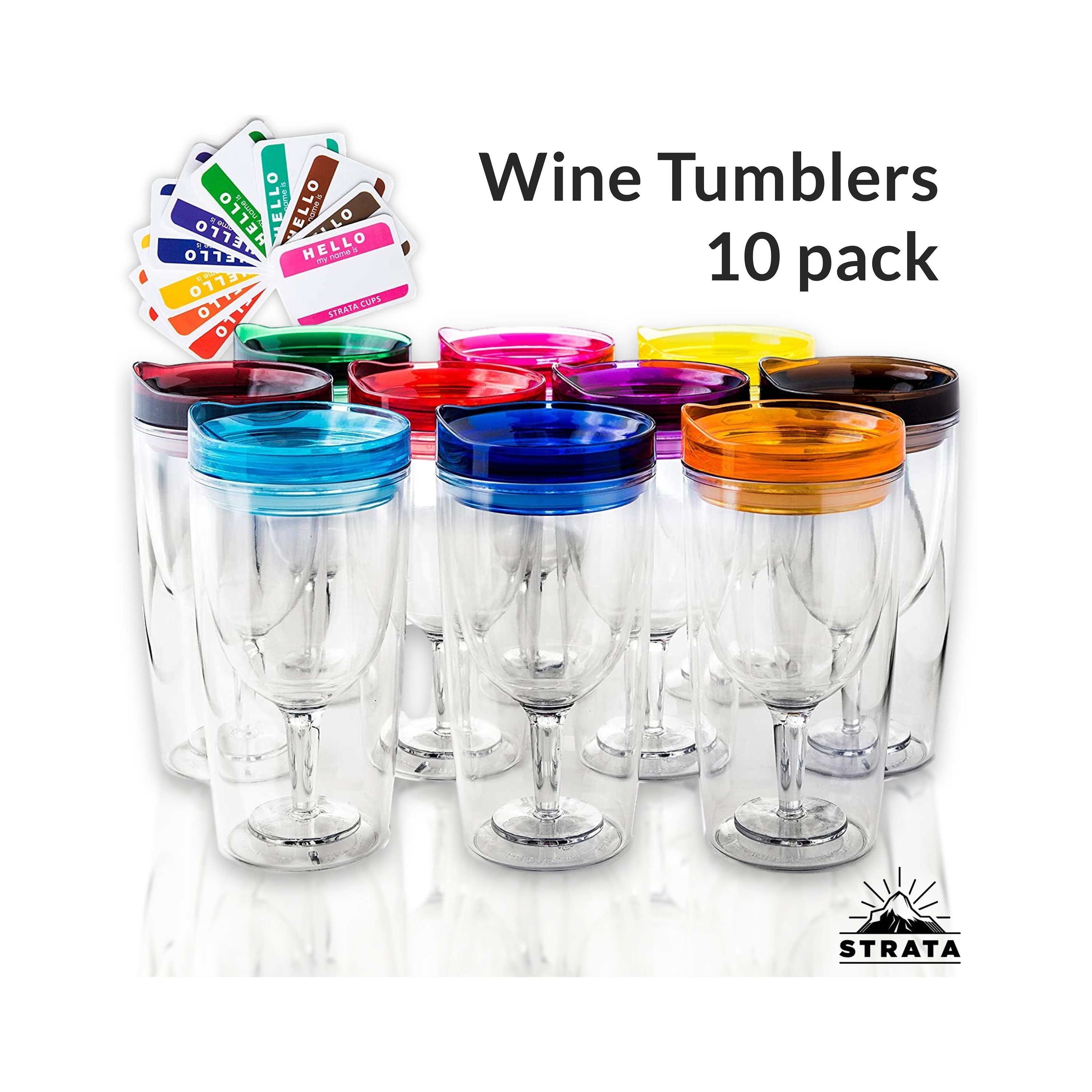 Wine Tumblers With Lids SET OF 10 Outdoor Acrylic Plastic Wine Glasses 10oz  Tumbler Wine Glass / Adult Sippy Cup BONUS Name Decals 