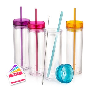 4 Pack Skinny Acrylic Tumblers, Blank 16oz Bulk Set with Colored Lids