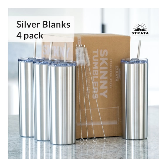 Silver Stainless Steel SKINNY TUMBLERS 4 Pack 20oz Double Wall Insulated  Wholesale Bulk Tumblers With Metal Straws Included 