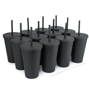 12 Black Tumblers 16oz Grande Colored Acrylic Matte Plastic Cups in Bulk  With Lids and Straws, Cleaning Brush DIY Wholesale Blank Tumblers 