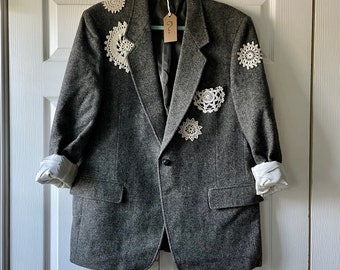 One of Kind Vintage Herringbone  Emblazoned Wool Blazer Boyfriend Jacket Gray