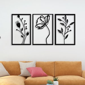 3d Flower Metal Wall Decor, 3 Piece Modern Flower Wall Art Decor, Metal 3 Panel Wall Art, Over The Bed Wall Decor, Wide Long Metal Wall Art