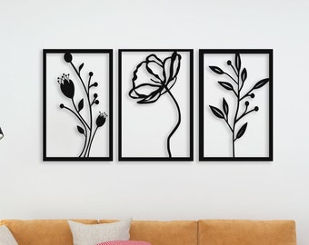 3d Flower Metal Wall Decor, 3 Piece Modern Flower Wall Art Decor, Metal 3 Panel Wall Art, Over The Bed Wall Decor, Wide Long Metal Wall Art