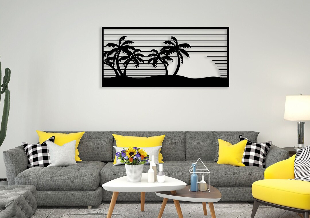 Metal Palm Tree Wall Art, Large Tree Wall Decor Black and White, Sun