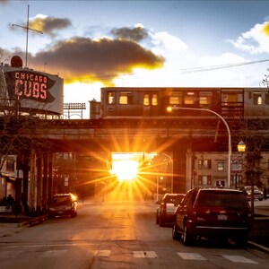 Chicago Cubs Photography, Chicagohenge sunset, Redline El train CTA, The L, Wrigley Field Baseball Urban Decor Wall Art