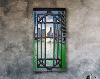 Chicago River Dyed Green, Chicago Loop Bridge Photo, Downtown Urban Decor Wall Art