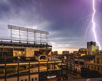 Lightning at Sunrise over Wrigley Field Photography, Baseball, Chicago, Wrigleyville Storms Urban Decor Wall Art