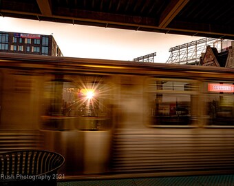 Chicago Vernal Equinox Photography, Chicagohenge sunset, Redline El train CTA, The L, Wrigley Field Baseball Urban Decor Wall Art
