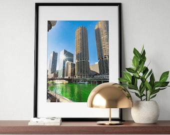 Chicago River Dyed Green for St Patrick's Day Marina City Towers 2021 Urban Decor Wall Art