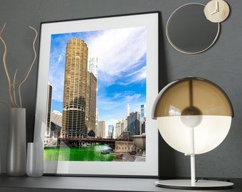 Chicago River Dyed Green for St Patrick's Day Marina City Towers 2021 Urban Decor Wall Art