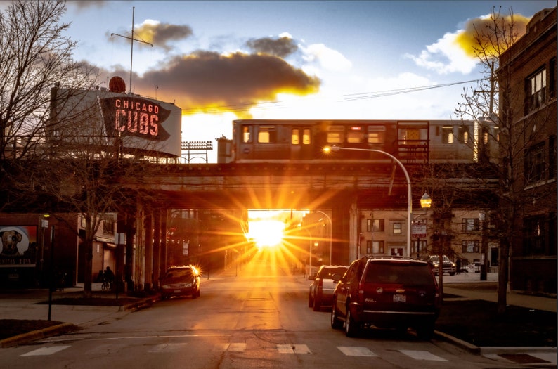 Chicago Cubs Photography, Chicagohenge sunset, Redline El train CTA, The L, Wrigley Field Baseball Urban Decor Wall Art image 1