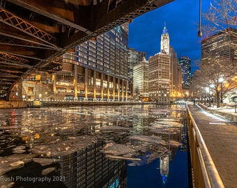 Chicago River Ice Flows Wrigley Building Winter Night Photography Urban Decor Wall Art