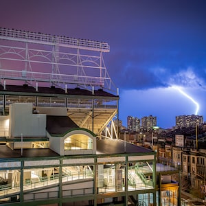 Chicago Cubs Photography, Lightning over Wrigley Field Baseball Urban Decor Wall Art