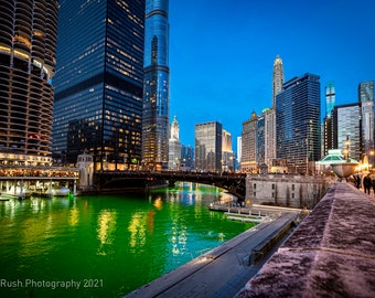 Chicago River at Twilight Dyed Green for St Patrick's Day 2021 Night Photography Urban Decor Wall Art