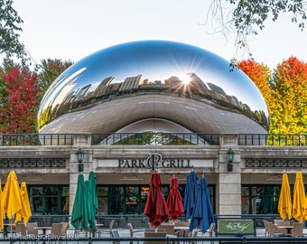 Chicago Photography, Cloud Gate The Bean Autumn Trees Fall Foliage Downtown Chicago Loop Millennium Park Wall Art