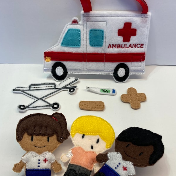 Emergency Medical Team Finger Puppets Ambulance EMT Stretcher Thermometer Band Aide First Aide