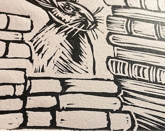 Rabbit in the Library Linocut, Book Lover Hare Art