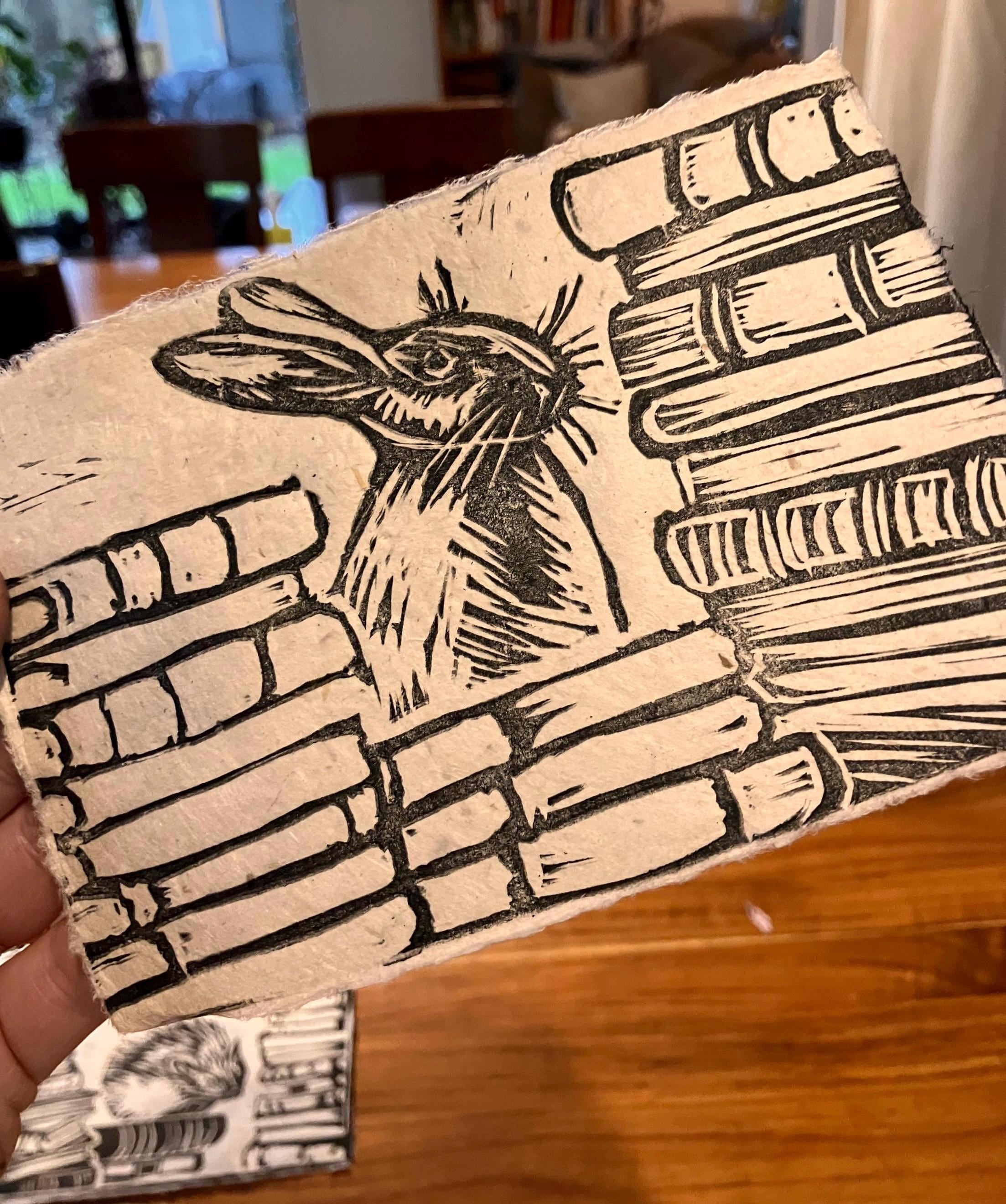 Linocut Library Rabbit in the Library Linocut, Book Lover Hare Art - Etsy