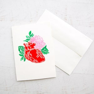 Anatomical Heart and Flowers Linocut Card