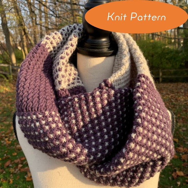 KNIT Pattern - Infinitum Infinity Scarf - 2 color texture multiple stitch patterns mosaic colorwork