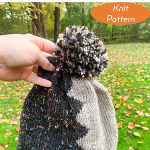 KNITTING PATTERN - Socorro - Two Color Knit Hat Pattern with Pom Pom Intarsia Color Join Technique Unique Vertical