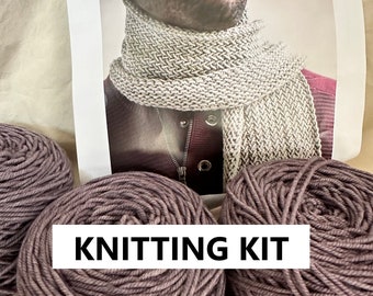 KNITTING KIT: Horizontal Herringbone Scarf by Bruce Weinstein for Bluprint men's scarf gray purple bulky highland wool