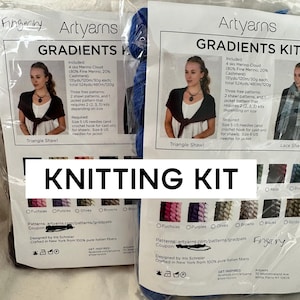 May include: A knitting kit with four skeins of Merino Cloud yarn in shades of fuchsia, purple, olive, brown, black, and gold. The kit includes patterns for two shawls and a jacket. The yarn is 80% fine merino wool and 20% cashmere. The kit is designed by Iris Schreier and crafted in New York from 100% pure Italian fibers.