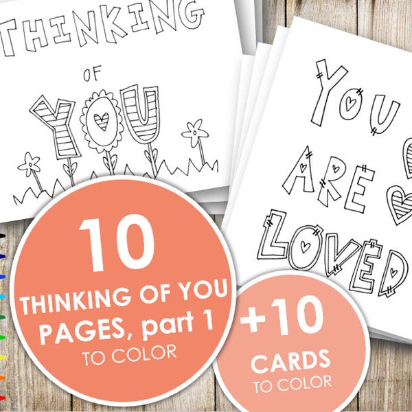 Printable Thinking of You Coloring Pages and Cards (part 1), Adult and Kid Coloring Sheets, Thank You Card, We Love You, Digital, Download