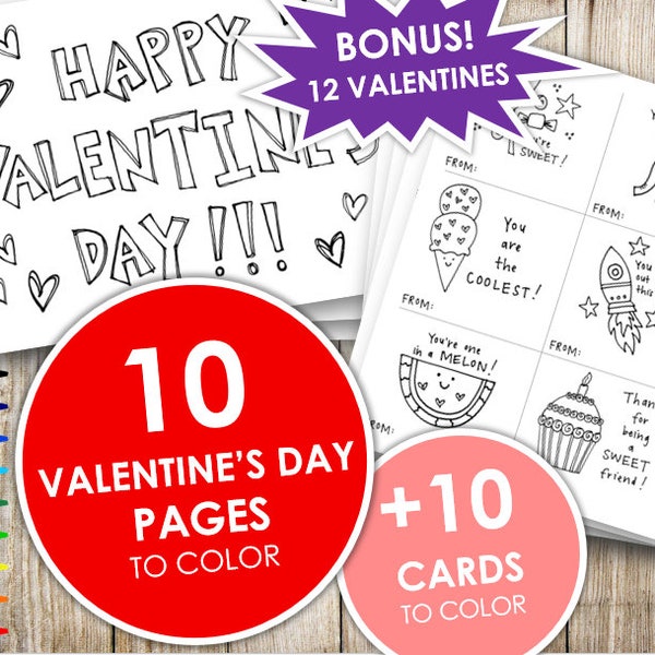 Printable Valentine’s Day Cards and Coloring Pages, Adult and Kid Coloring Sheets, Punny Cards, Digital, Instant Download