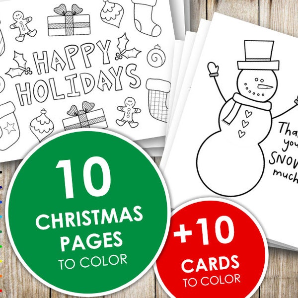 Christmas Coloring Pages and Cards, Adult and Kid Coloring Sheets, Printable Holiday Cards, Digital, Download