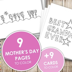Printable Mother’s Day Coloring Pages and Cards, Adult and Kid Coloring Sheets, Grandma, Gift, Digital, Download