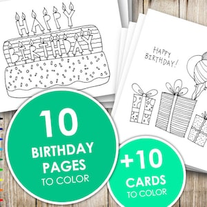 Páginas y tarjetas para colorear de feliz cumpleaños imprimibles, hojas para colorear para adultos y niños, Feliz Cumpleaños, Digital, Descarga instantánea