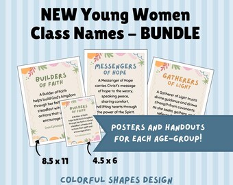 Pode incluir: Um conjunto de cartazes e folhetos para jovens mulheres, com designs coloridos e o texto "NEW Young Women Class Names - BUNDLE". Os cartazes estão em vários tamanhos, incluindo 21,6 x 27,9 cm e 11,4 x 15,2 cm.