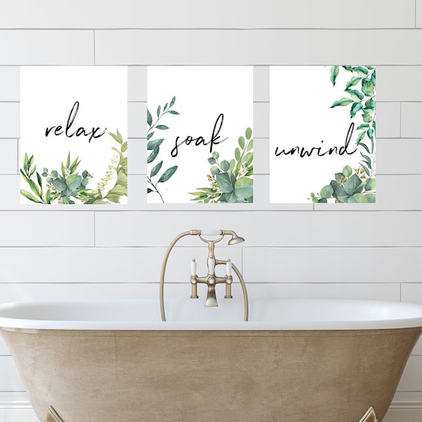 Bathroom Prints | Set of 3 | Wall Art | Home Decor | Bathroom Decor | Relax Soak Unwind |  Bathroom Prints | Floral Prints | Bedroom Decor