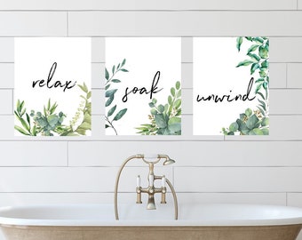 Bathroom Prints | Set of 3 | Wall Art | Home Decor | Bathroom Decor | Relax Soak Unwind |  Bathroom Prints | Floral Prints | Bedroom Decor