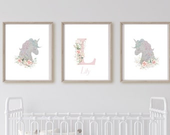 Set of 3 Unicorn Personalised Prints, Nursery Decor, Nursery Prints, Girls Bedroom Prints, Unicorn Prints, Girl Bedroom Decor, Unicorn Decor
