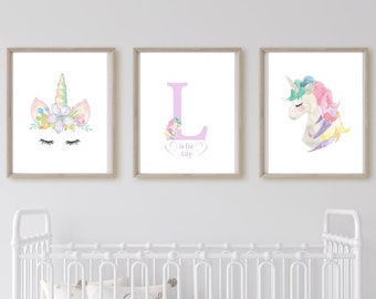 Unicorn nursery prints, set of 3 unicorn personalised nursery prints, nursery prints, Unicorn nursery, Personalised prints, Girl's room