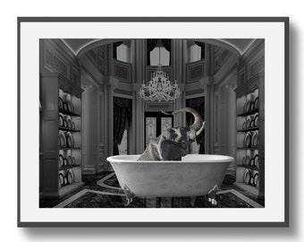 Elephant in the Bath, Elephant  in the Bathtub Print, Giraffe Print, Monochrome Wall Print, Toilet Print, Bathroom decor, bathroom print