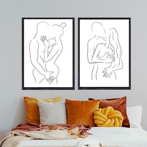 Set of 2 Line Drawing, Lovers Line Drawing Wall Art, Couple Wall Art, Wall Decor, Clean Line Art, Couple Wall Art, Bedroom Prints