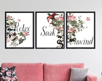 Impresiones De Baño, Set De 3, Arte De Pared, Decoración Del Hogar, Decoración De Baño, Relax Soak Unwind, Arte De Baño, Impresiones Botánicas, Estampados Florales,