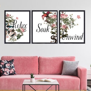 Bathroom Prints, Set Of 3, Wall Art, Home Decor, Bathroom Decor, Relax Soak Unwind, Bathroom Art, Botanical Prints, Floral  Prints,