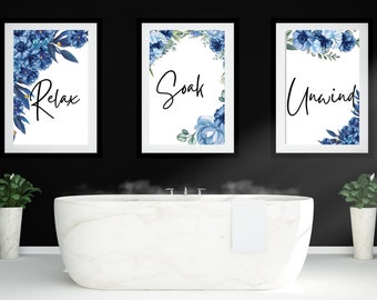 Set of 3 Bathroom Prints, Blue Prints ,Wall Art, Home Decor, Bathroom Decor, Relax Soak Unwind, Bathroom Art, Bathroom Prints,  Toilet print