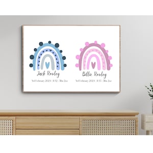 Stampe per asilo nido gemelle, poster arcobaleno personalizzato, regalo per la nascita di un neonato, baby shower per ragazzo e ragazza, arte della parete doppia, decorazione della sala giochi, regalo di battesimo