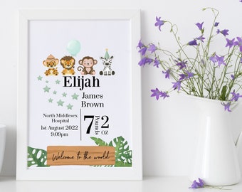 New Baby Personalised Print |Personalised Baby Gift |Animal Name Gift |Custom Baby Name Print |Child's Safari Nursery Print |Newborn Gift