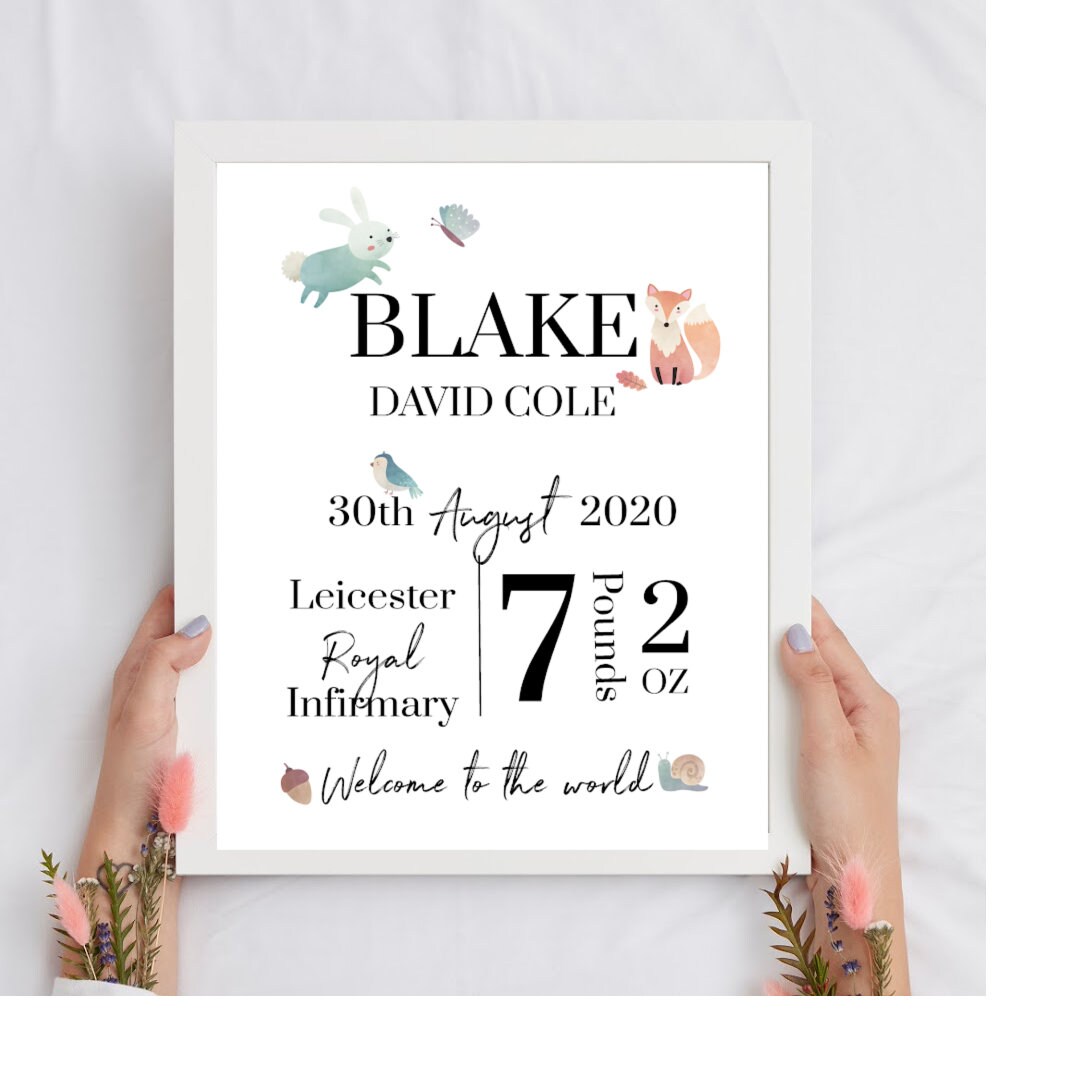 New Baby Boy/girl Personalised Print | Animal Name Gift | Custom Baby ...