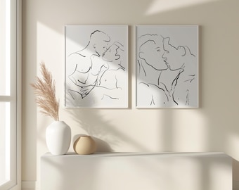 3er Set Linie Zeichnung, Männliche Linie Kunst, Männliches Paar, Paar Wandkunst, Wanddekor, LGBT, Paar Wandkunst, Männliche Figur, Schlafzimmer Druck