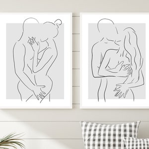 Set of 2 Line Drawing, Lovers Line Drawing Wall Art, Couple Wall Art, Wall Decor, Clean Line Art, Couple Wall Art, Bedroom Prints